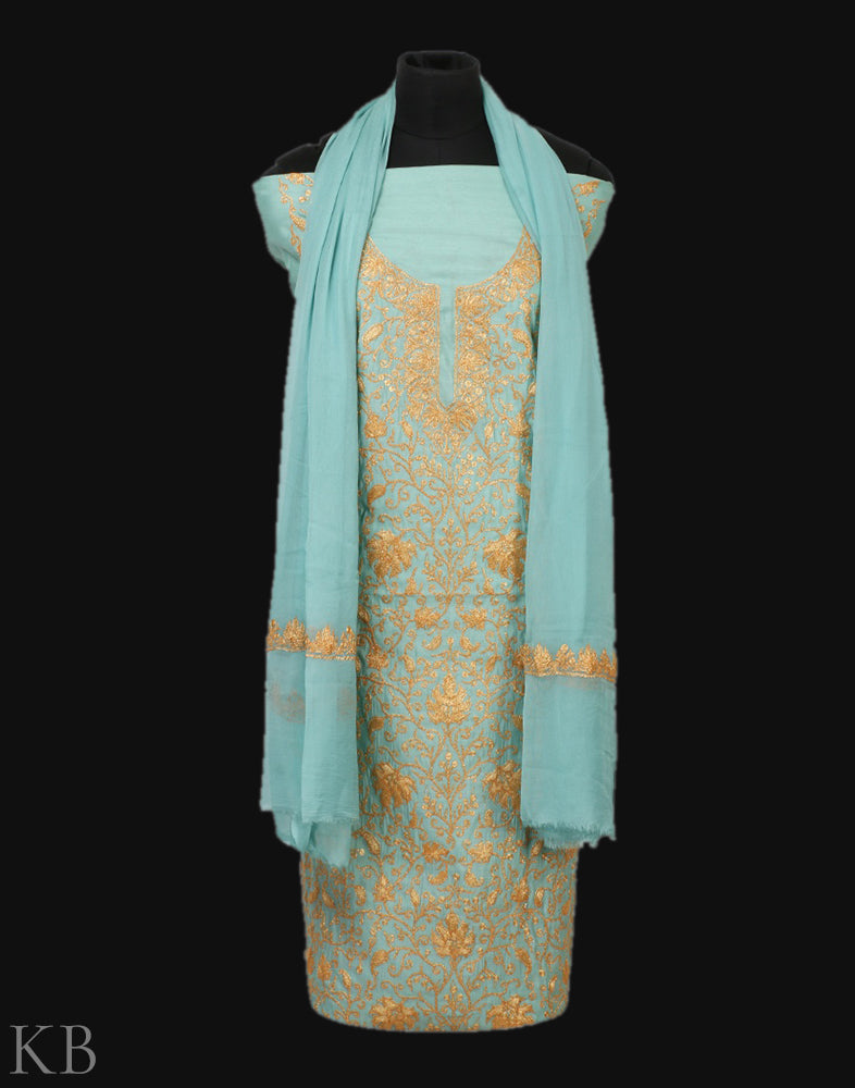 Sky Blue Tilla Embroidered Silk Suit - Kashmir Box