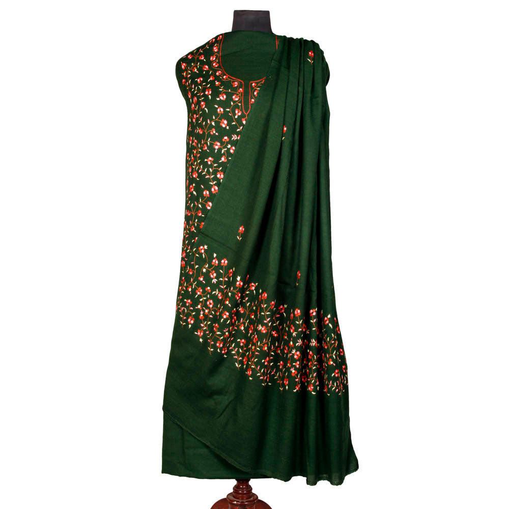 Green Sozni Work Woolen Suit (3 Piece Suit) - KashmirBox.com