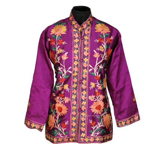 Embroidered Violet Short Silk Jacket - KashmirBox.com