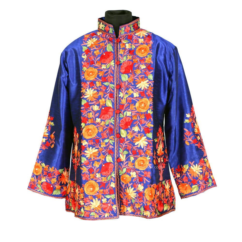 Multicolor Floral Navy Blue Short Silk Jacket - KashmirBox.com