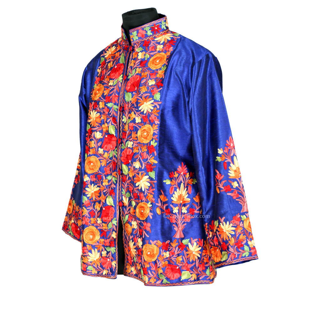 Multicolor Floral Navy Blue Short Silk Jacket - KashmirBox.com