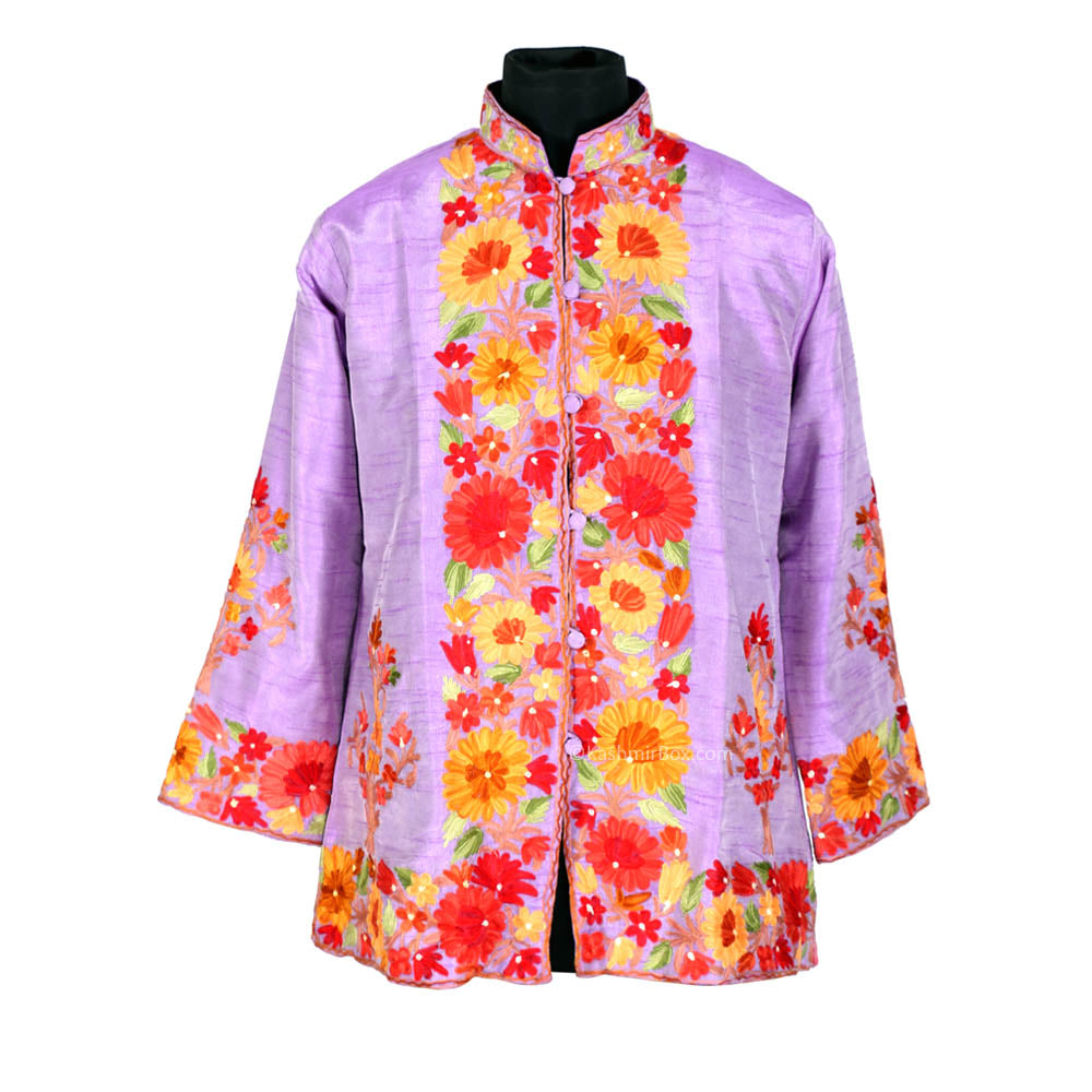Bold Floral Orchid Short Silk Jacket - KashmirBox.com