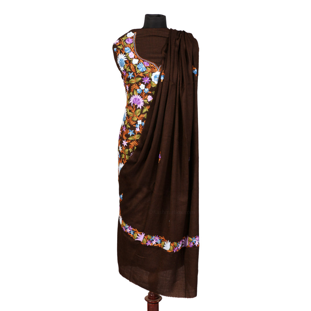 Brown Aari Kari Full Length Embroidered Woolen Suit - KashmirBox.com