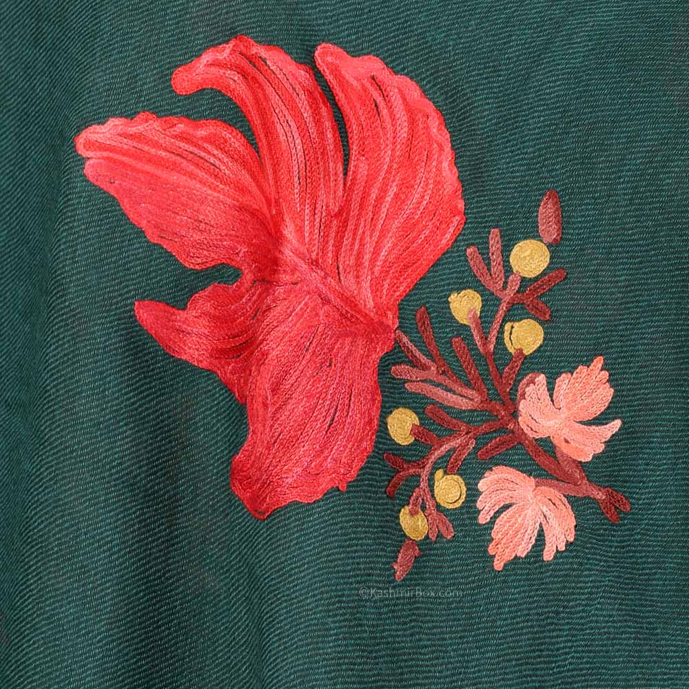 Dark Celery Chinar Embroidered Woolen Shawl - KashmirBox.com