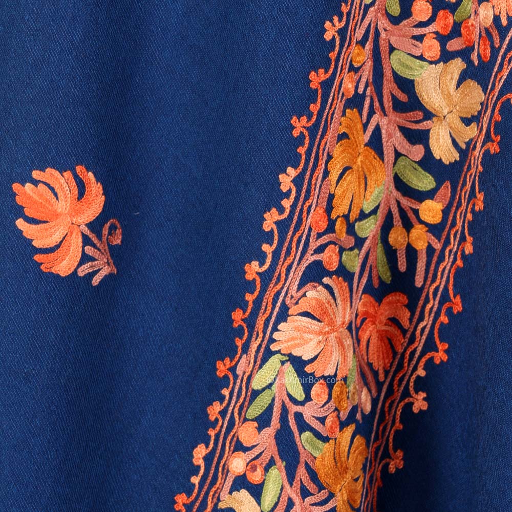 Deep Blue Aari Embroidered Woolen Shawl - KashmirBox.com