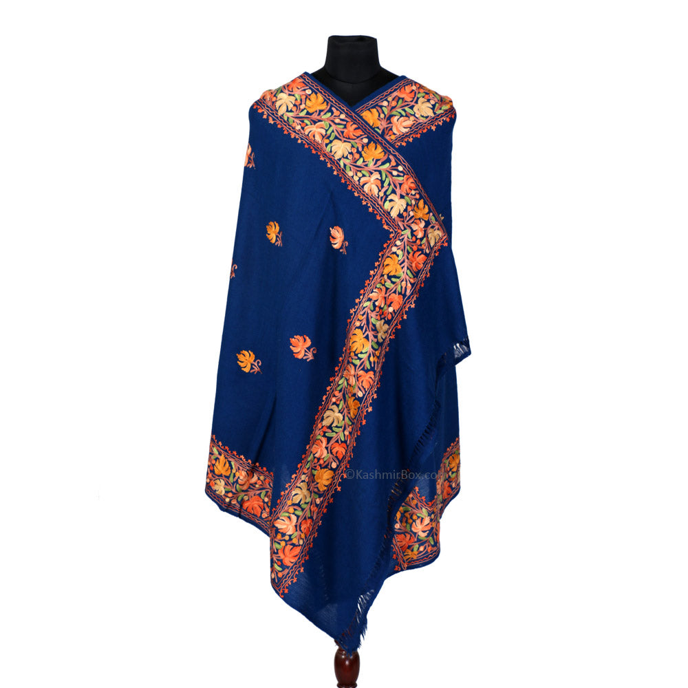 Deep Blue Aari Embroidered Woolen Shawl - KashmirBox.com