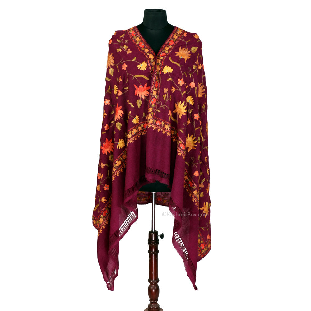 Deep Purple Vine Aari Embroidered Woolen Shawl - Kashmir Box