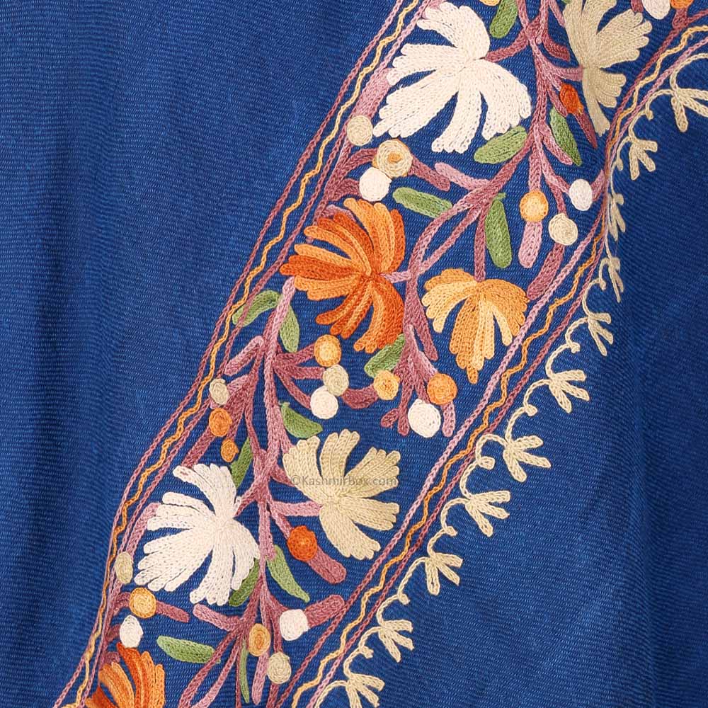 Royal Blue Aari Embroidered Woolen Shawl - KashmirBox.com