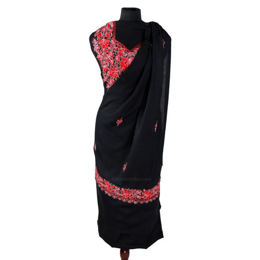 Zari Lined Aari Embroidered Black Woolen Suit - KashmirBox.com