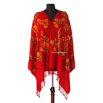 Embroidered Red Floral  Stole - KashmirBox.com