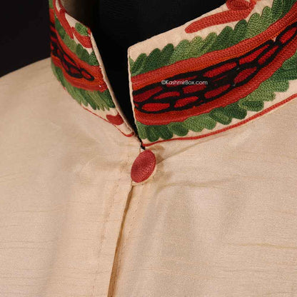 Cream Aari Embroidered Silk Jacket - KashmirBox.com