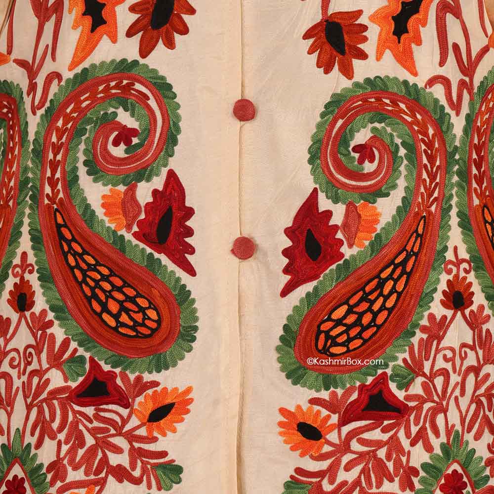 Cream Aari Embroidered Silk Jacket - KashmirBox.com