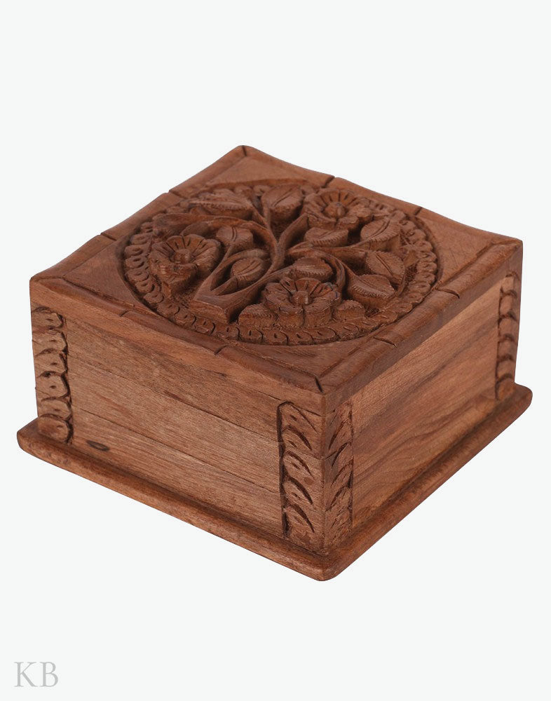 Square Floret Walnut Wood Box - Kashmir Box