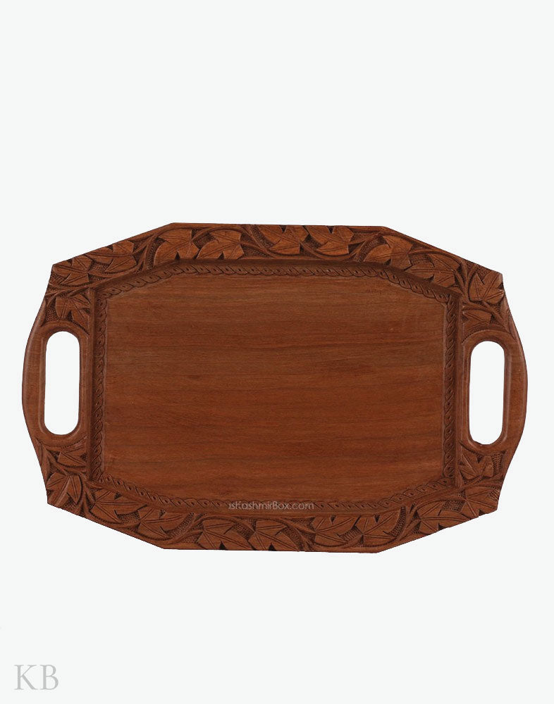 Walnut Wood Chinar Leaf Tray - Kashmir Box