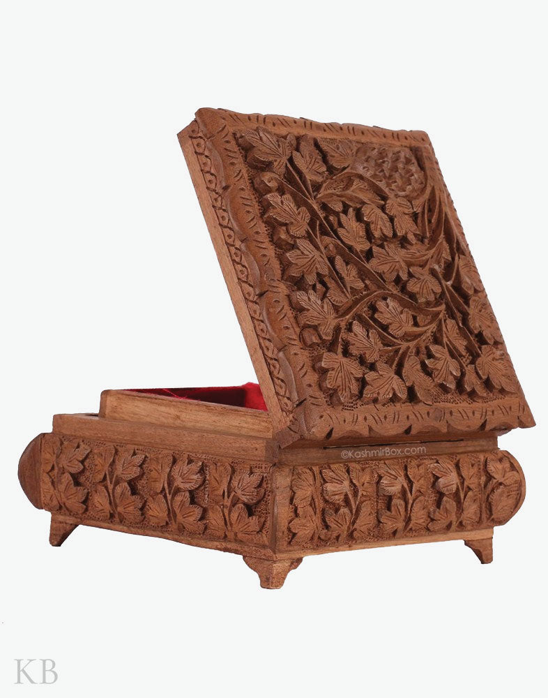 Square Chinar Carved Walnut Wood Box - Kashmir Box