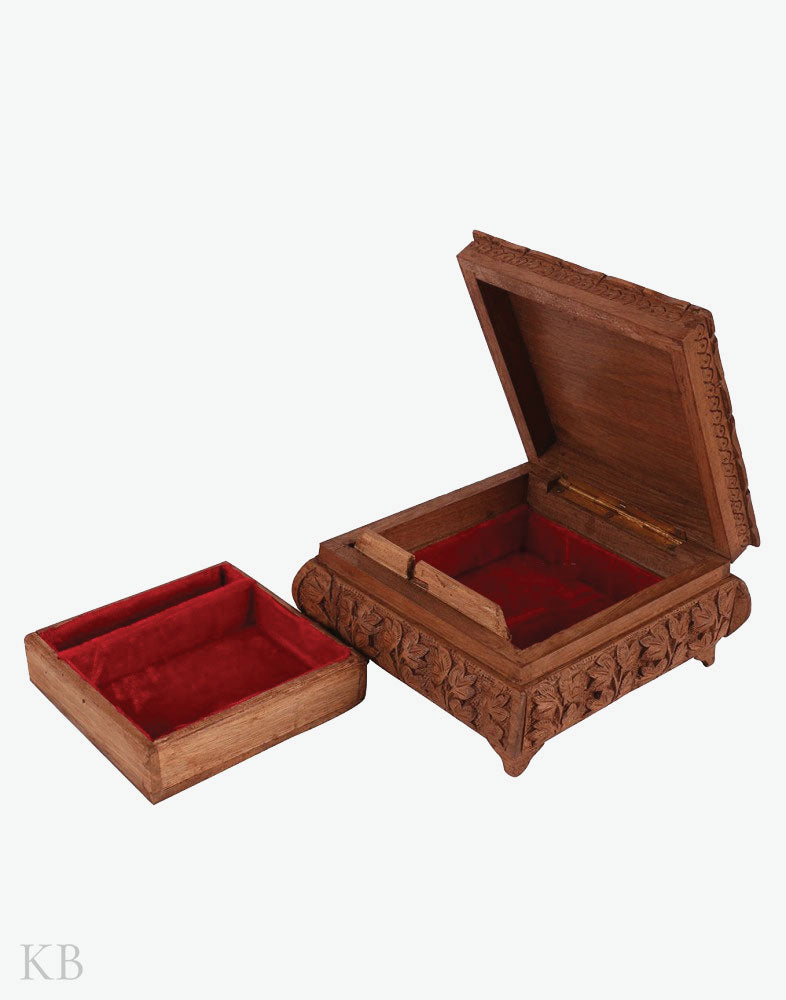 Square Chinar Carved Walnut Wood Box - Kashmir Box
