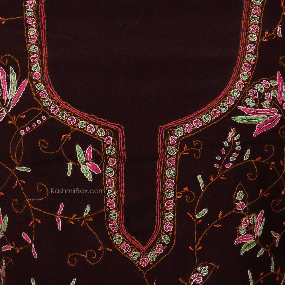 Brown Floral Sozni Woolen Suit - KashmirBox.com