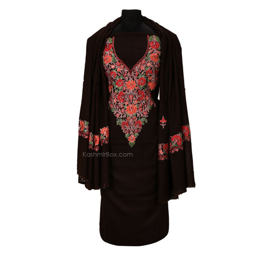 Brown Zari Lined Aari Embroidered Suit - KashmirBox.com