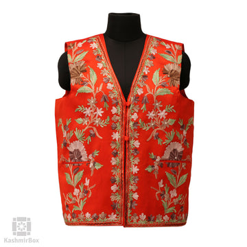 Orange Aari Embroidered Waistcoat - Kashmir Box