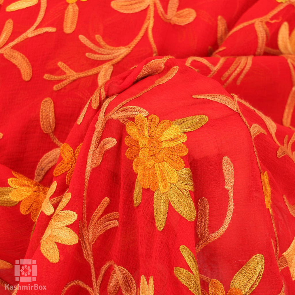 Red Chiffon Embroidered Dupatta - Kashmir Box