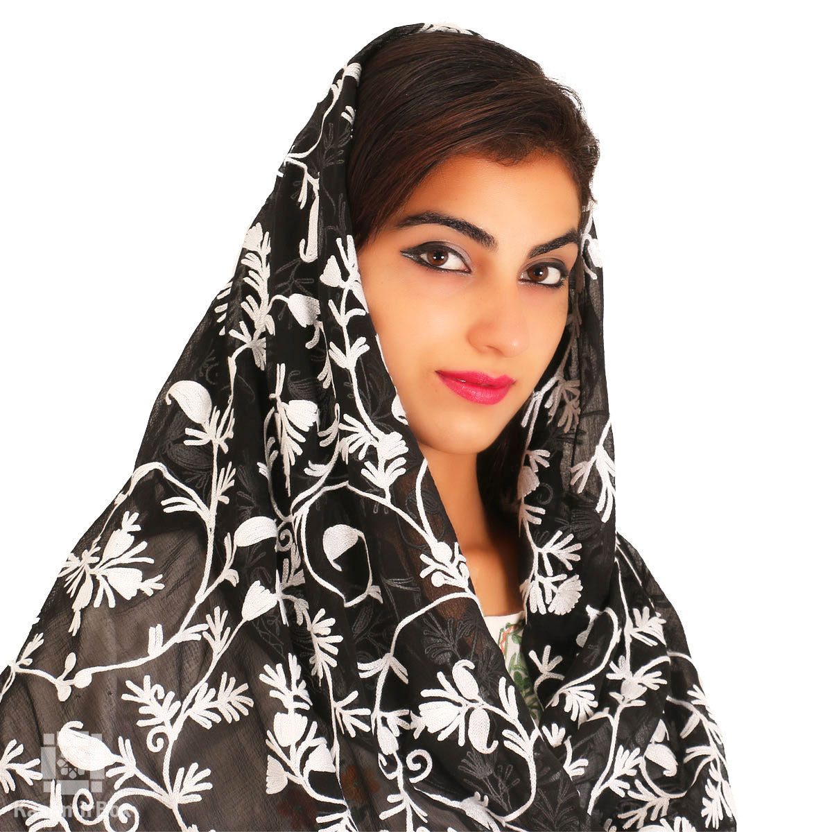 Black and White Embroidered Chiffon Dupatta - Kashmir Box