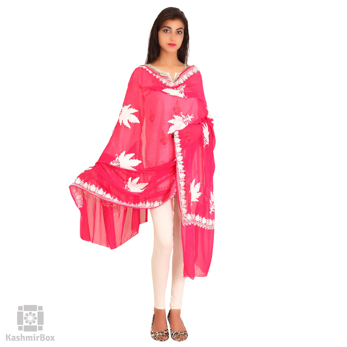 Hot Pink Chiffon Embroidered Dupatta - Kashmir Box