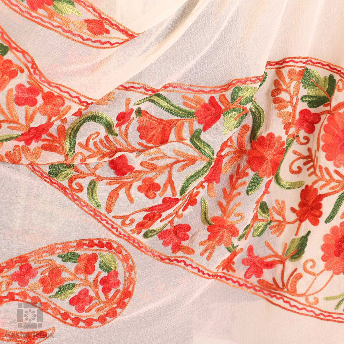 White and Red Chiffon Embroidered Dupatta - Kashmir Box