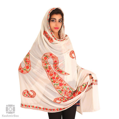 White and Red Chiffon Embroidered Dupatta - Kashmir Box