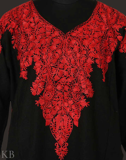 Black Red Paisley Embroidered Phiran - KashmirBox.com