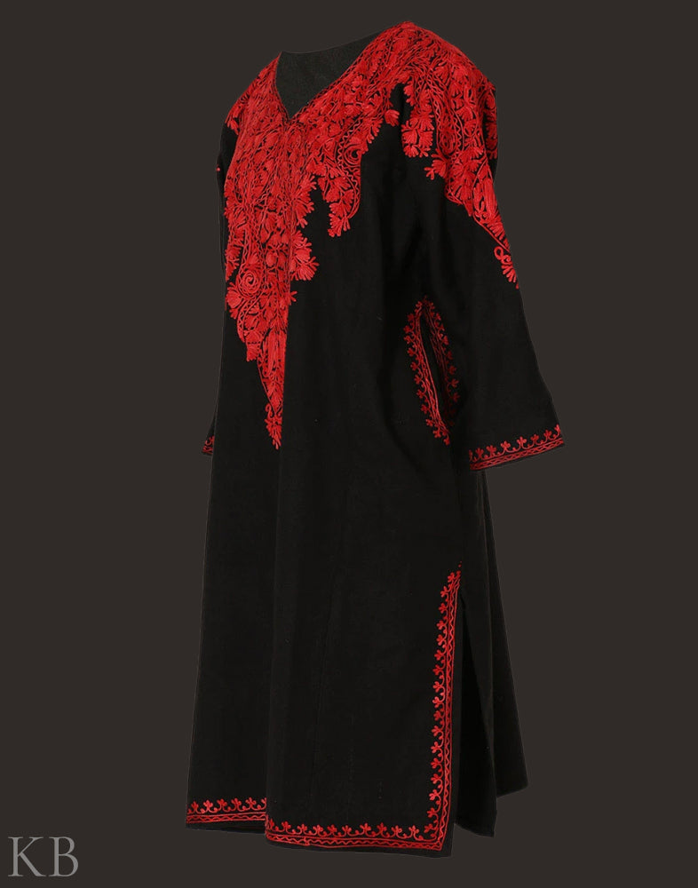 Black Red Paisley Embroidered Phiran - KashmirBox.com