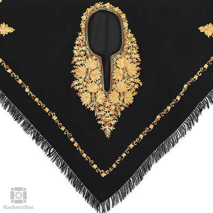 Black Mustard Lotus Embroidered Wool Poncho - Kashmir Box