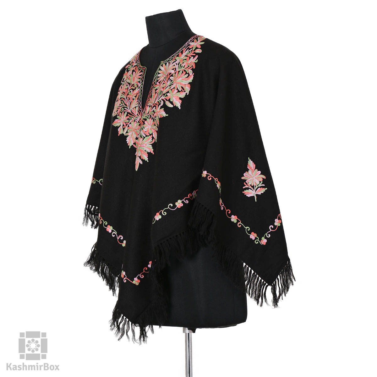 Black Lotus Embroidered Wool Poncho - Kashmir Box
