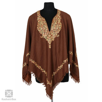 Clay Brown Paisley Embroidered Poncho - Kashmir Box