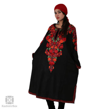 Black Flowery Embroidered Phiran - KashmirBox.com