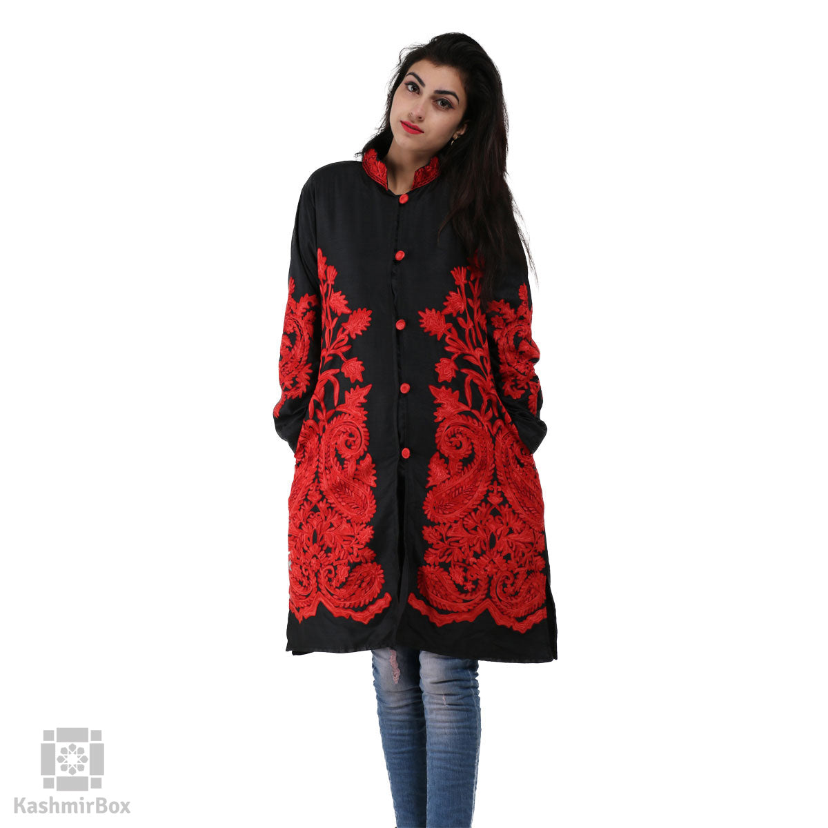 Black Red Paisley Embroidered Silk Jacket - KashmirBox.com
