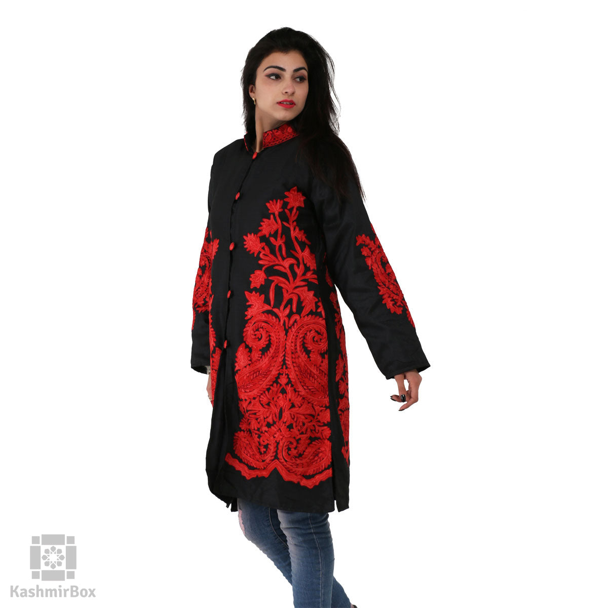 Black Red Paisley Embroidered Silk Jacket - KashmirBox.com