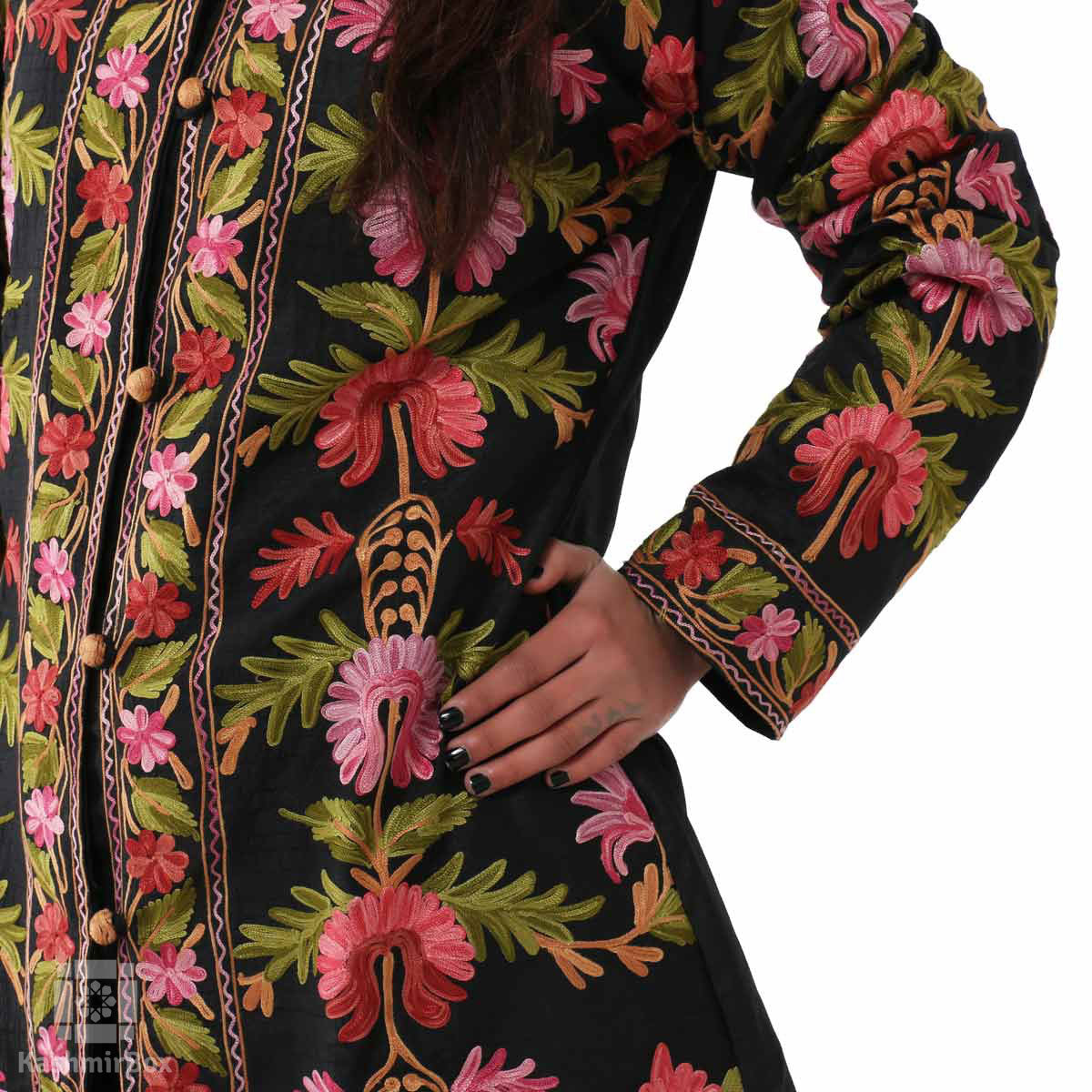 Bold Flowers Embroidered Silk Jacket - KashmirBox.com