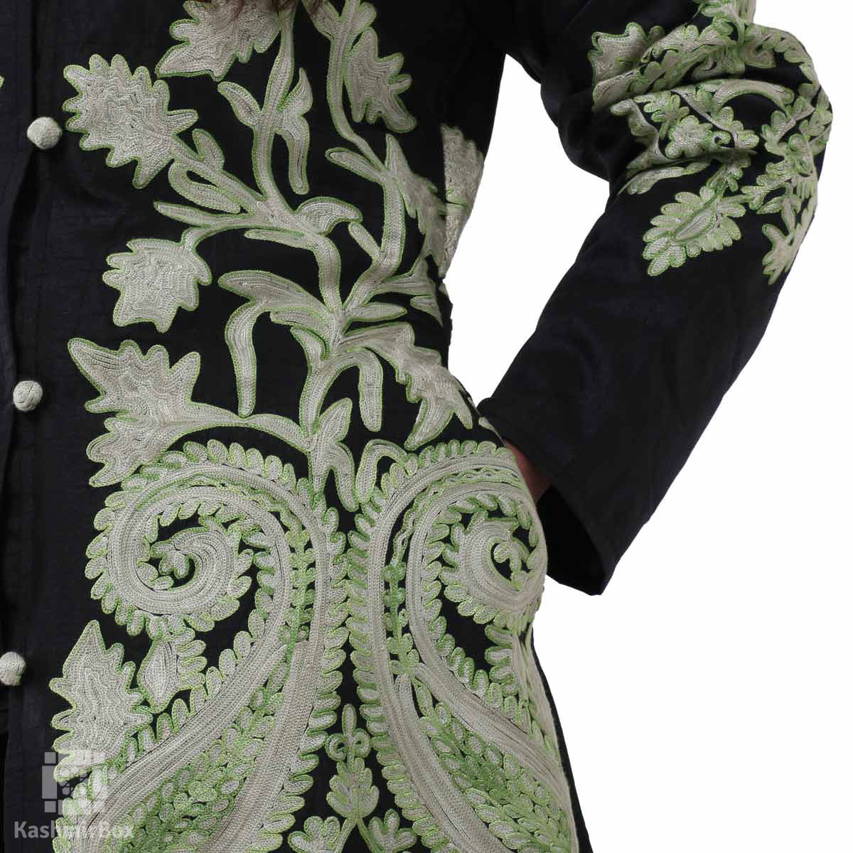 Black Green Bold Paisley Silk Jacket - KashmirBox.com
