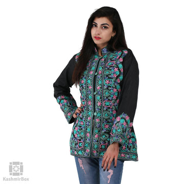 Black Garlanded Short Silk Jacket - KashmirBox.com