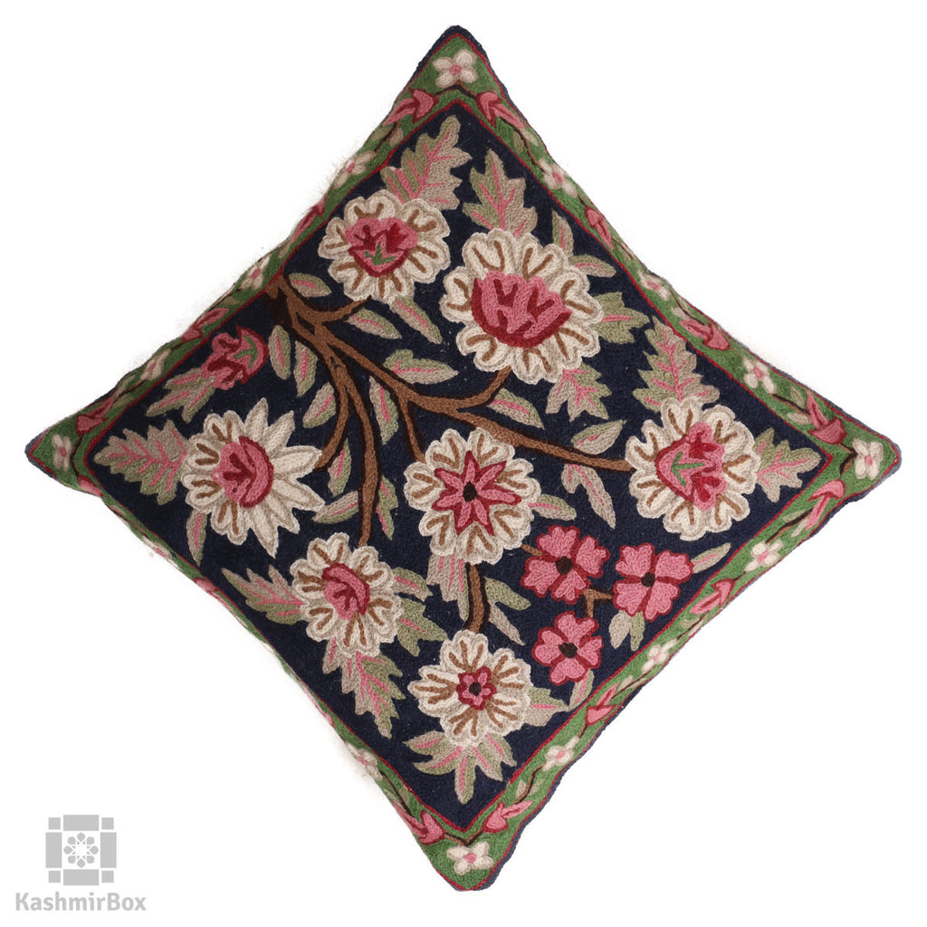 Navy n Pink Floral Bouquet Handmade Cushion Cover - KashmirBox.com