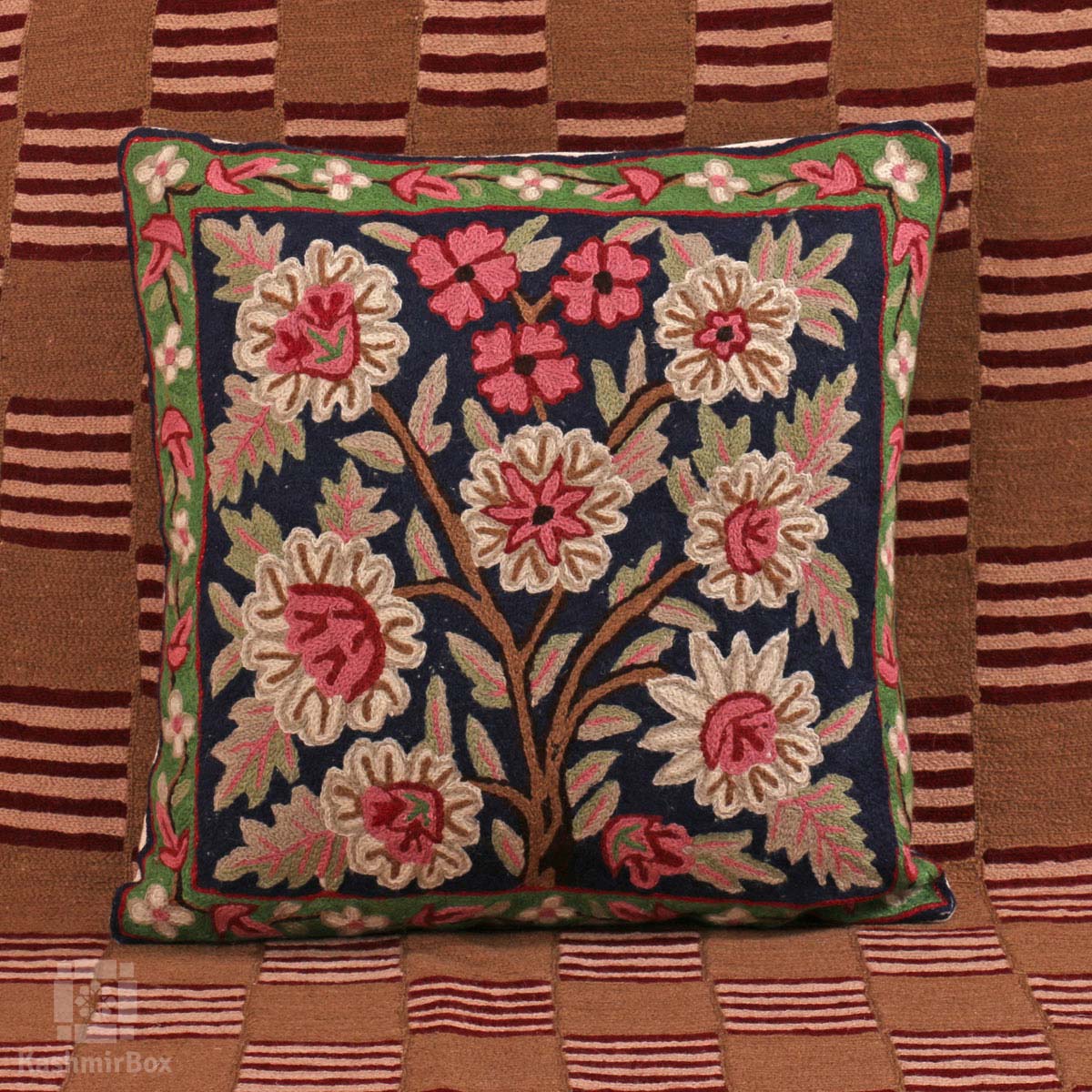 Navy n Pink Floral Bouquet Handmade Cushion Cover - KashmirBox.com