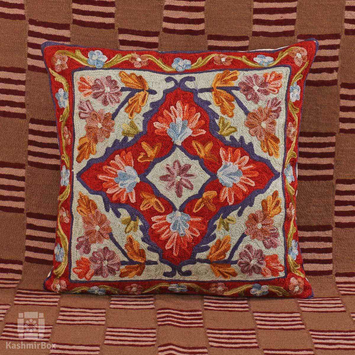 Reddish Creme Flowery Cushion Cover (Set of 3) - Kashmir Box