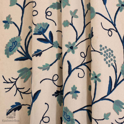 White Bluish Crewel Embroidered Curtain - KashmirBox.com