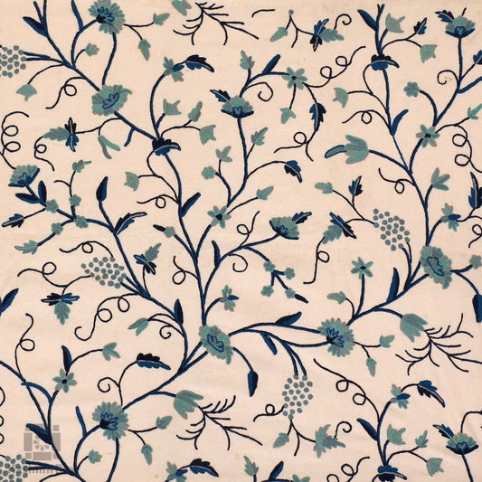 White Bluish Crewel Embroidered Curtain - KashmirBox.com