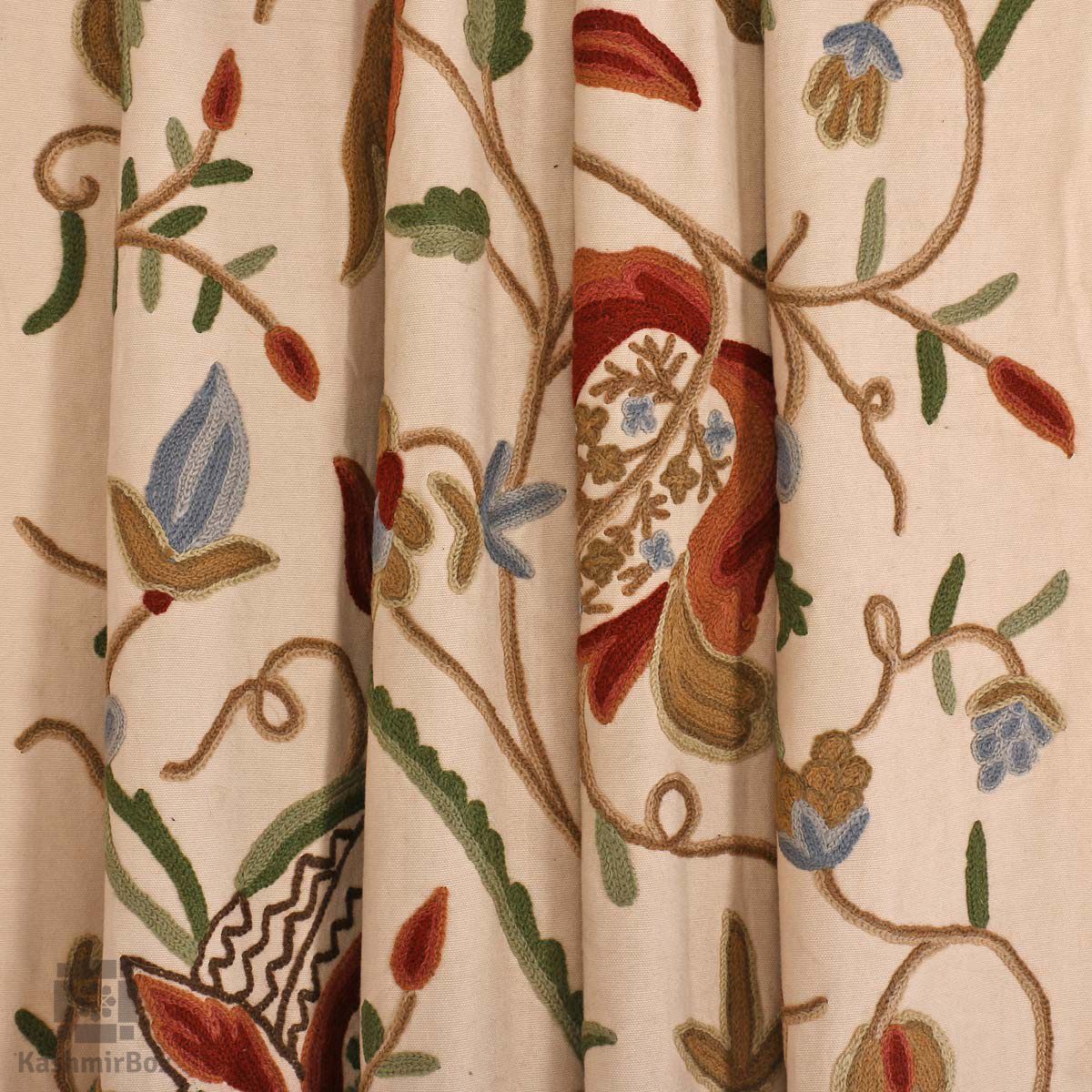 Beige Brazen Flower Crewel Embroidered Curtain - KashmirBox.com