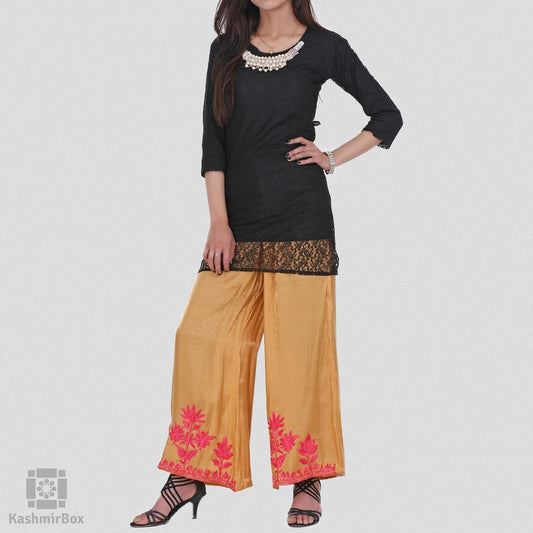Gold Floral Embroidered Silk Palazzo Pants - KashmirBox.com