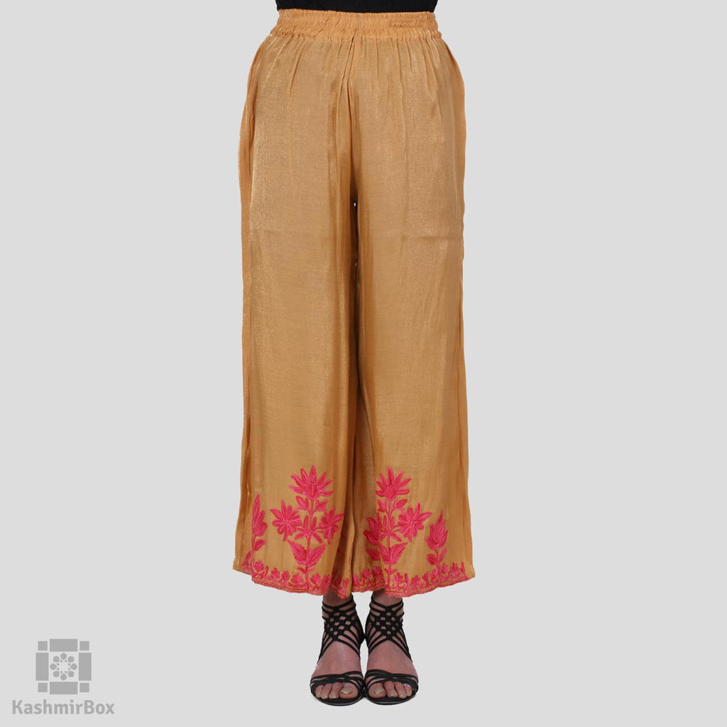 Gold Floral Embroidered Silk Palazzo Pants - KashmirBox.com