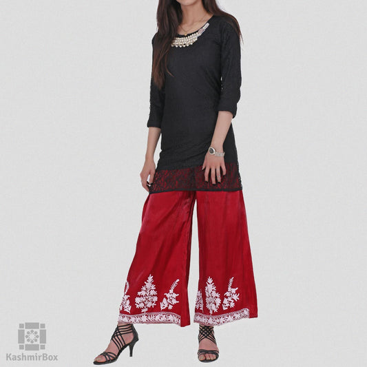 Scarlet Red Daisy Embroidered Silk Palazzo Pants - KashmirBox.com