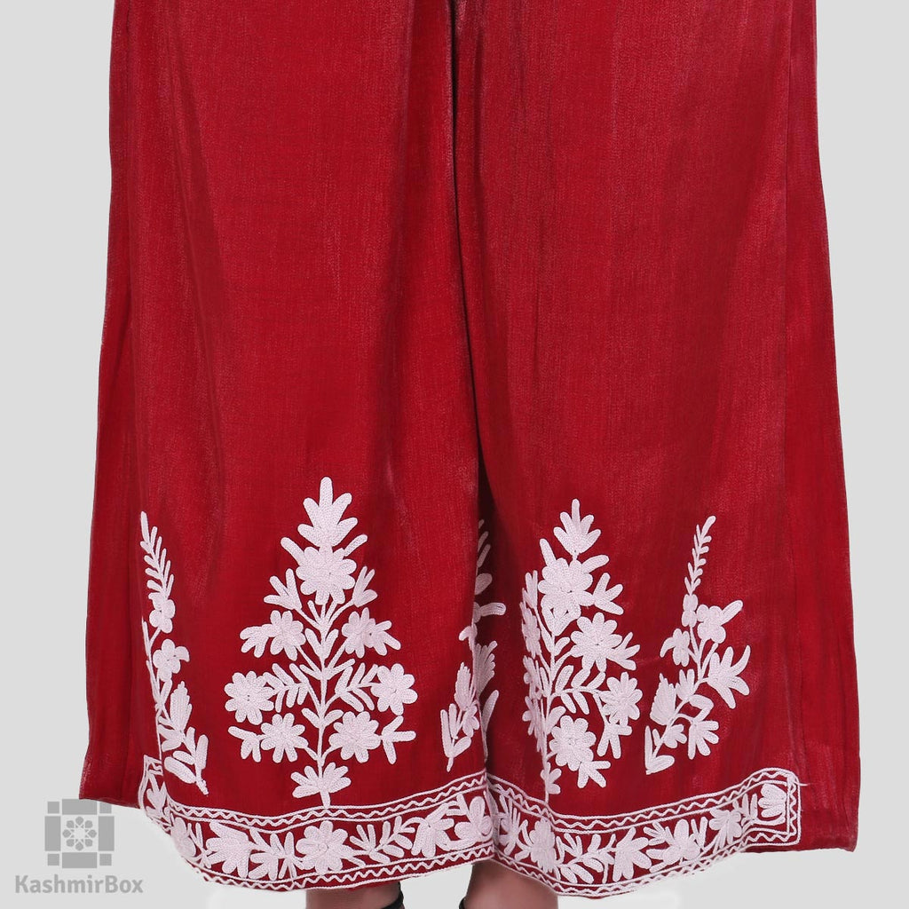 Scarlet Red Daisy Embroidered Silk Palazzo Pants - KashmirBox.com