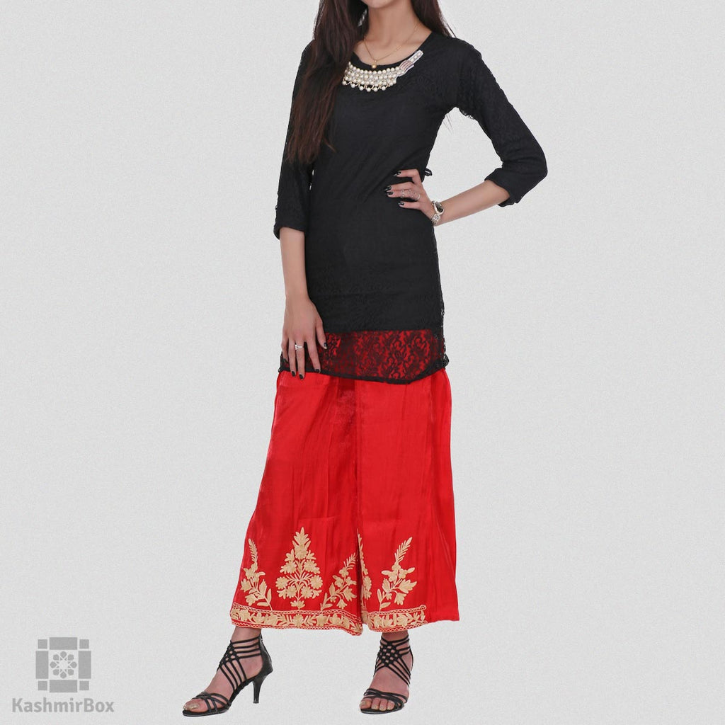 Candy Red Floral Embroidered Palazzos - KashmirBox.com